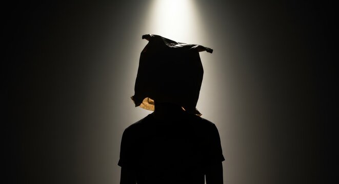 Mysterious silhouette of person with bag on head in dramatic lighting