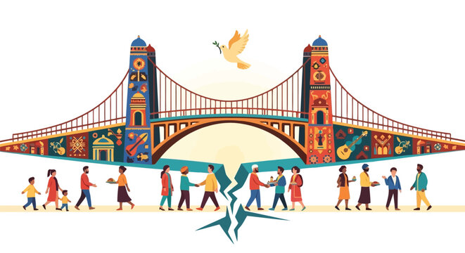 Diverse people shaking hands across divided bridge illustration