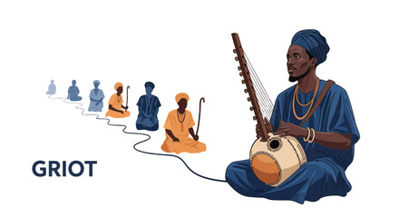 Naklejka premium African griot storyteller playing traditional kora instrument for historical cultural performance art