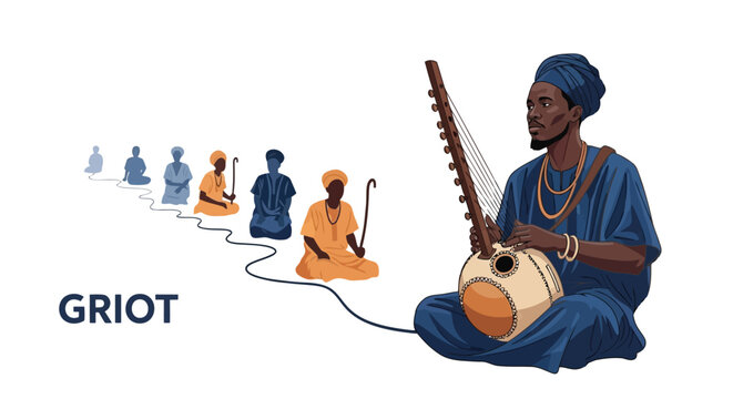 African griot storyteller playing traditional kora instrument for historical cultural performance art