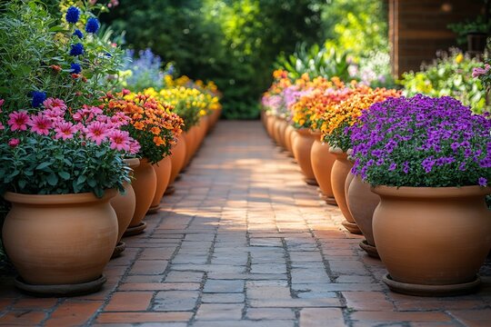 Colorful Flowers in Terracotta Pots on Brick Pathway in Garden