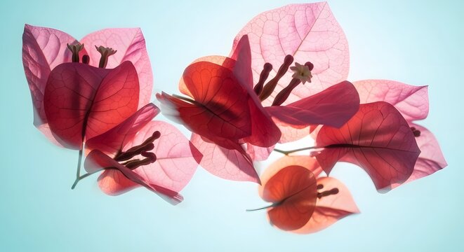 Backlit pink bougainvillea bracts showing intricate veins. Natural transparency and artistic lighting. Flowers floating in a bright airy atmosphere with soft shadows and highlights