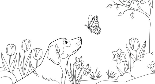 Friendly labrador puppy looks with curiosity at a graceful butterfly in this delightful garden scene illustrated for children to color and enjoy during spring time