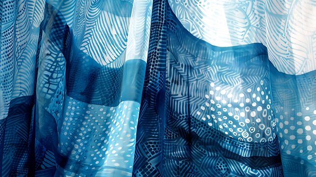 Blue fabric with intricate white patterns and designs on a sheer material