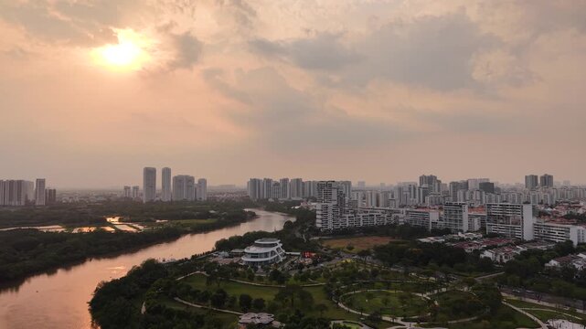 Timelapse aerial of Saigon South Marina Club with moving clouds and city skyline Ho Chi Minh City Vietnam