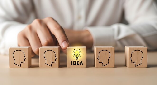 Person placing idea block among other thinking head blocks on a table