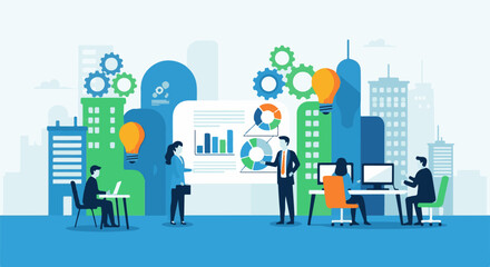 Obraz premium Abstract city scene with business people, charts, gears, and light bulbs