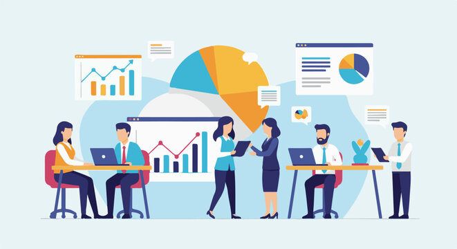 Business professionals collaborate around desks, discussing charts, graphs, and pie charts