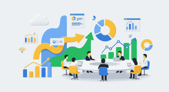 Diverse professionals collaborate around a table, analyzing data visualizations and growth charts