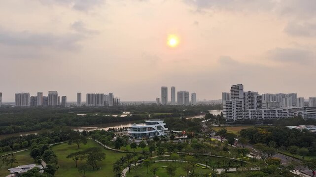 Sunset aerial over Saigon South Marina Club with river and skyline Ho Chi Minh City Vietnam