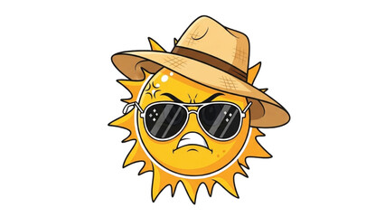 Fototapeta premium Summer Angry Sun Character Illustration – Cute Sun with Hat and Sunglasses Emoji Style Icon