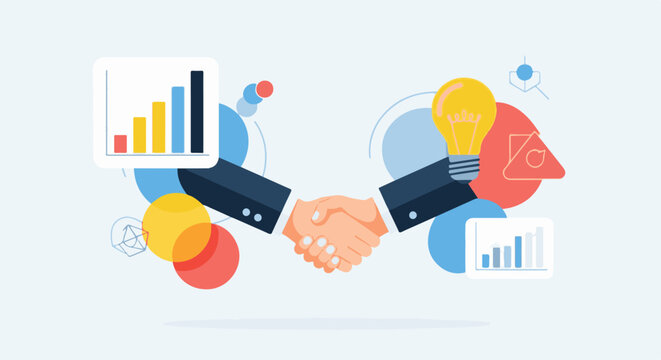 Business handshake with lightbulb and charts symbolizing collaboration, ideas, and growth