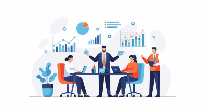 Business meeting with charts, graphs, and diverse team collaborating effectively