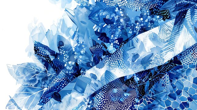 Blue and white abstract art with floral patterns and geometric shapes