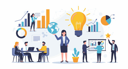 Fototapeta premium Diverse professionals brainstorm, present data, and innovate, symbolizing collaboration