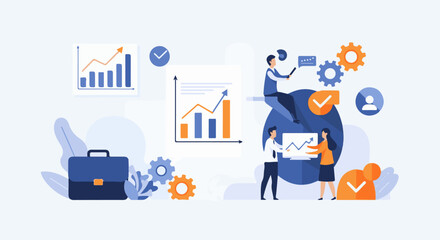Obraz premium Business team analyzing data charts and graphs, gears, and briefcase
