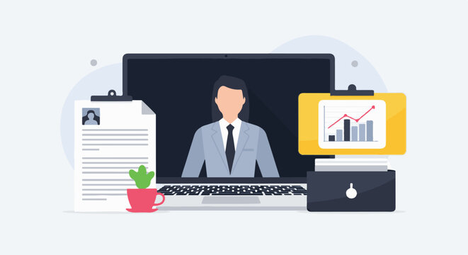 Professional meeting via laptop with resume, graph, and file cabinet