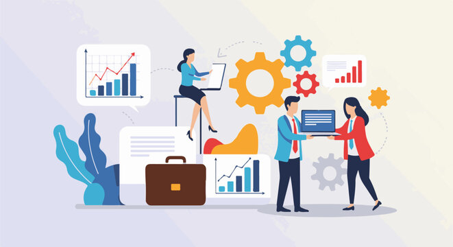 Teamwork and collaboration driving business growth through data analysis and technology