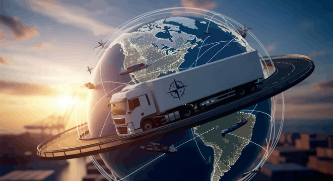 A futuristic visualization of global logistics and interconnected supply chains, featuring a truck driving on an orbital road around the planet Earth at sunrise.