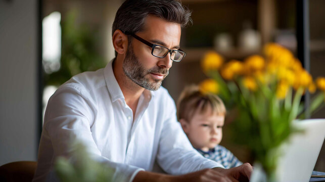 Man in a home office focused on work while his child seeks attention from the doorway, work-life balance issues and parenting concept, defocused background, with copy space