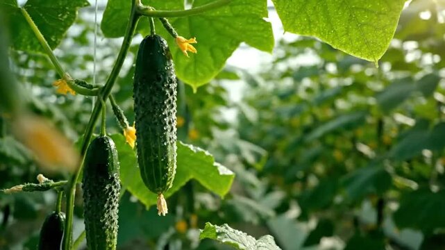 Lush Greenhouse: Rows of Growing Cucumbers with Green Leaves and Yellow Flowers, Sunlight Illuminating the Plants