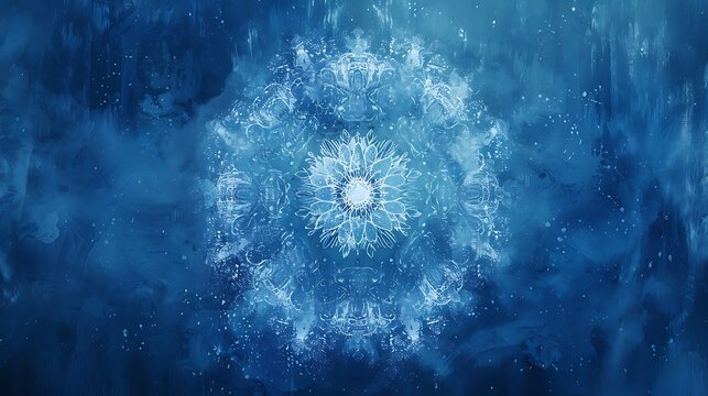 Intricate white mandala on a blue background with paint splatters and smudges creating a unique artistic design