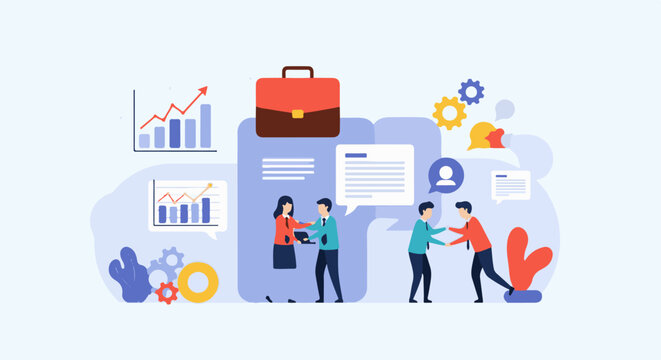 Business meeting with graphs, briefcase, chat bubbles, and animated figures