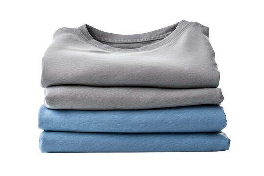 Stack of folded grey and blue t shirts against black background clothing apparel, Isolated On Transparent Background, Png Cut Out