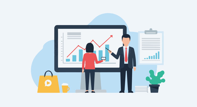 Professionals analyze upward trending graph on a screen, with a shopping bag and plant