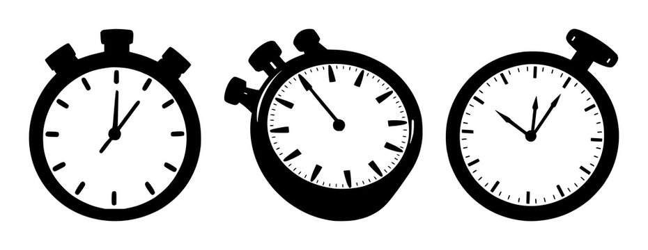 Stopwatch set with black silhouette on white background featuring timekeeping, timer, clock with minimalist and illustration