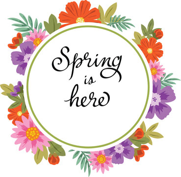 A colorful floral wreath with the text Spring is here