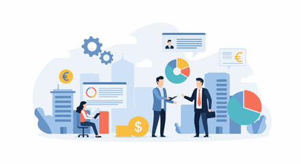 Naklejka premium Business professionals collaborate on financial charts and global currency symbols