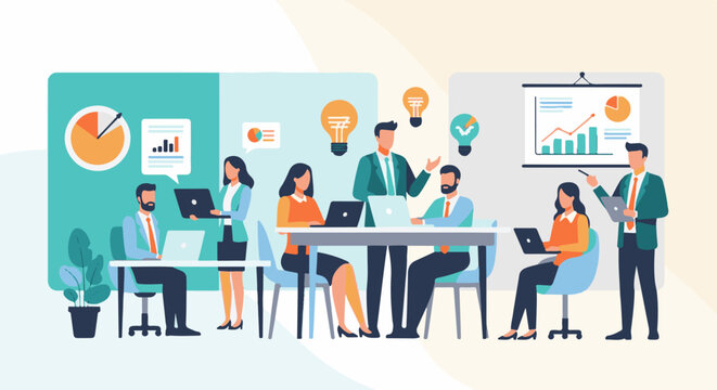 Business team collaborating on a project with charts and ideas