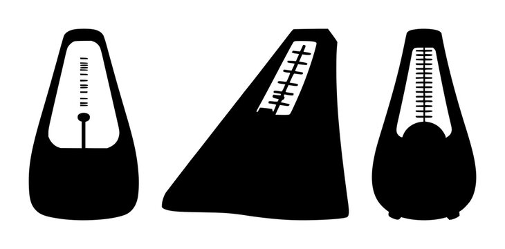 Metronome set with black silhouette on white background featuring metronome, rhythm timer, timekeeping instrument with musical, clock