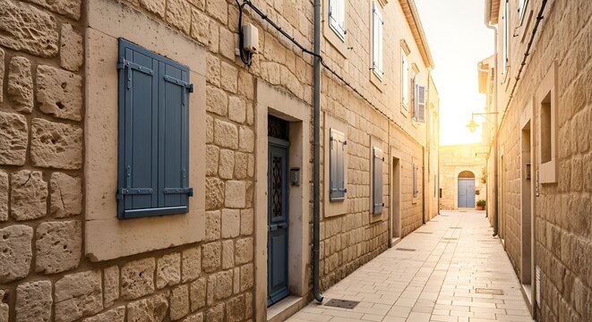 Narrow stone alleyway with blue shuttered door and stone steps leading upward in old town stone building