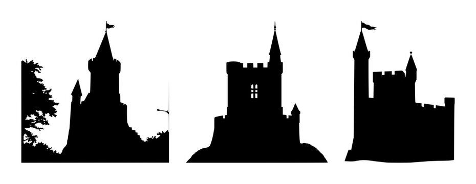 Black silhouette, white background: castle tower set with simple line art design featuring outline, illustration, graphic elements with clean design and vector art