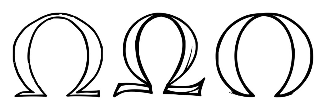 Omega icon set with black line art on white background featuring omega symbol, Greek letter, stylized icon with line art and minimalist