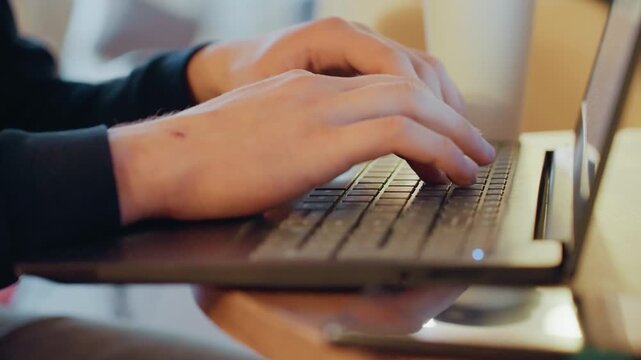 Close up hands typing on laptop, freelancer at cafe, warm ambient light, coffee mug beside keyboard, focused fingers and steady keystrokes, casual sweater sleeves, soft bokeh background, productive