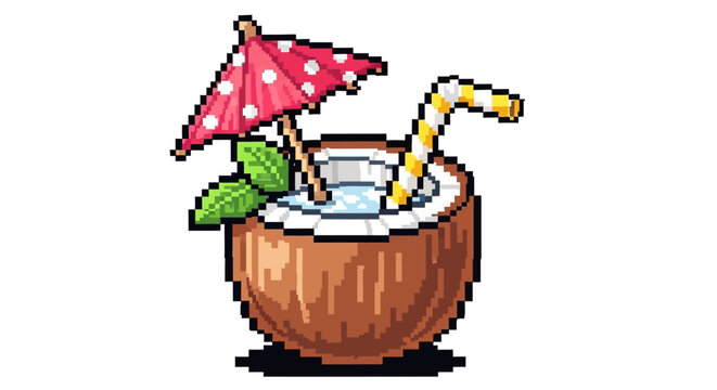 Pixel Art Coconut Drink with Umbrella and Mint.