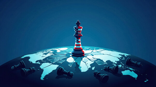 American king chess piece dominating world map, geopolitical strategy, global power and US hegemony concept. 