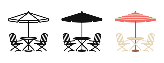 Outdoor patio set illustrations featuring sun umbrellas with tables and chairs in three different visual art styles. © Farik