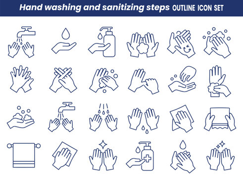 Hand washing and sanitizing steps outline Editable icon set