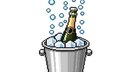 Obraz premium Champagne Bottle Chilling in Ice Bucket with Bubbles.