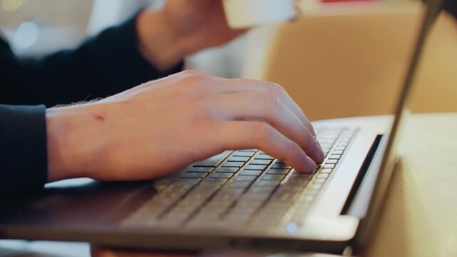 Closeup of white student typing on laptop in busy cafe, coffee cup lifted between keystrokes, notes and pages spread, focused posture, soft natural light, study mood, quiet urgency