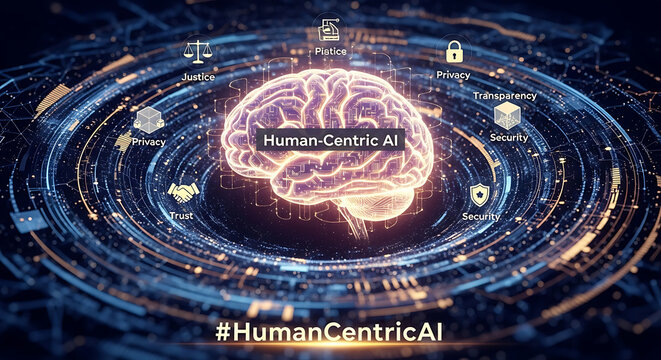 A futuristic digital illustration of human centric artificial intelligence concepts