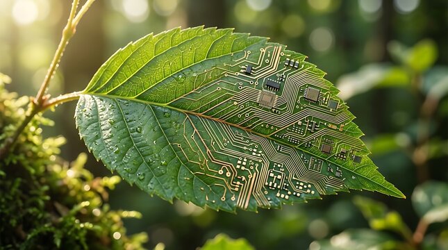A green leaf with a circuit board design in a natural setting