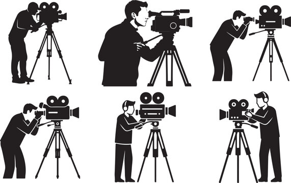 A cameraman operating a movie camera on a tripod silhouette. Cameraman with tripod vector illustration.
