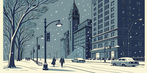 Naklejka premium USA, US, U.S, United States - Snowfall NYC glowing street lights 