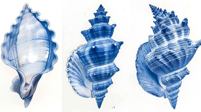 Three blue conch shells with unique spiral designs on white background