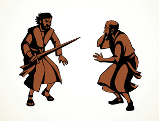 Naklejka premium Vector drawing. Afraid man in eastern clothes